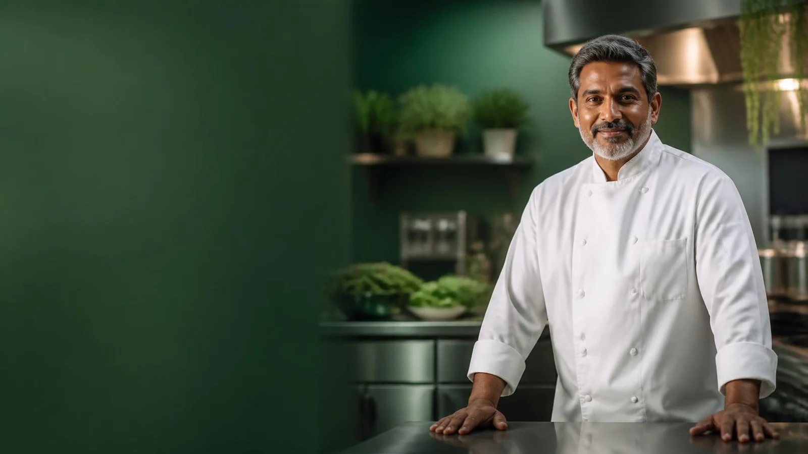 A chef standing at the pass in a commercial kitchen