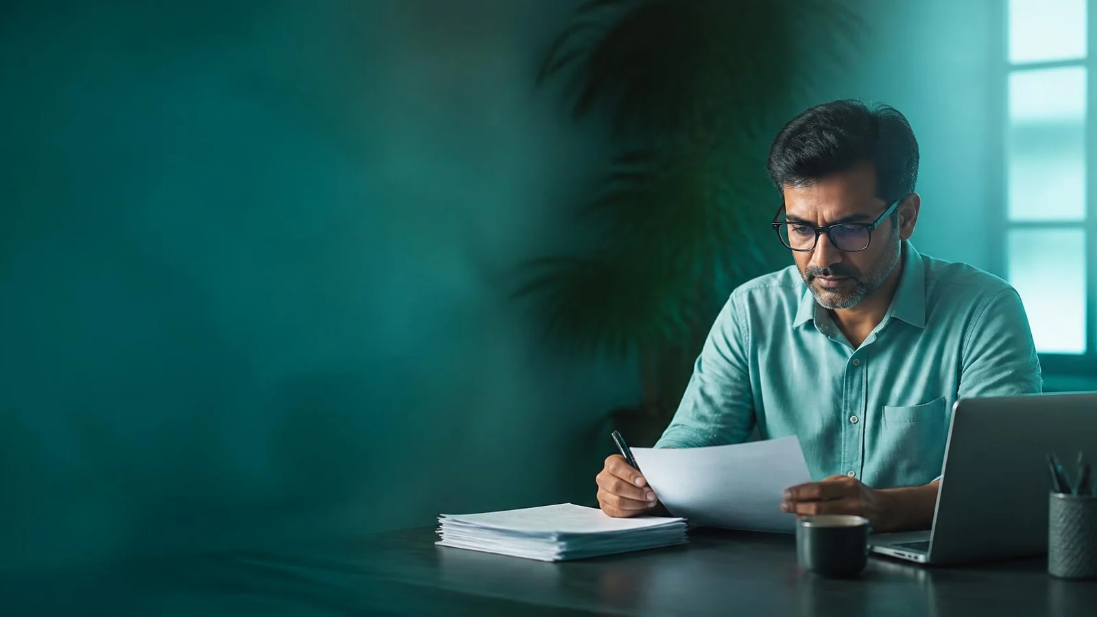 An accountant reviewing printed invoices at a desk