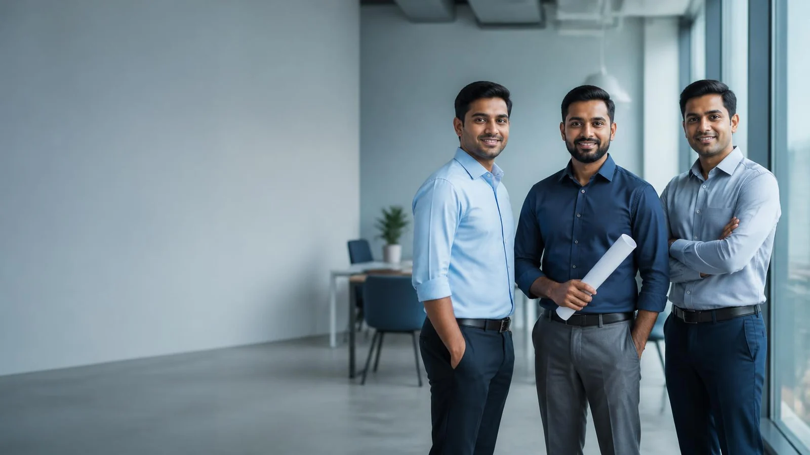 Three co-founders standing together in a new office, one holding a rolled document