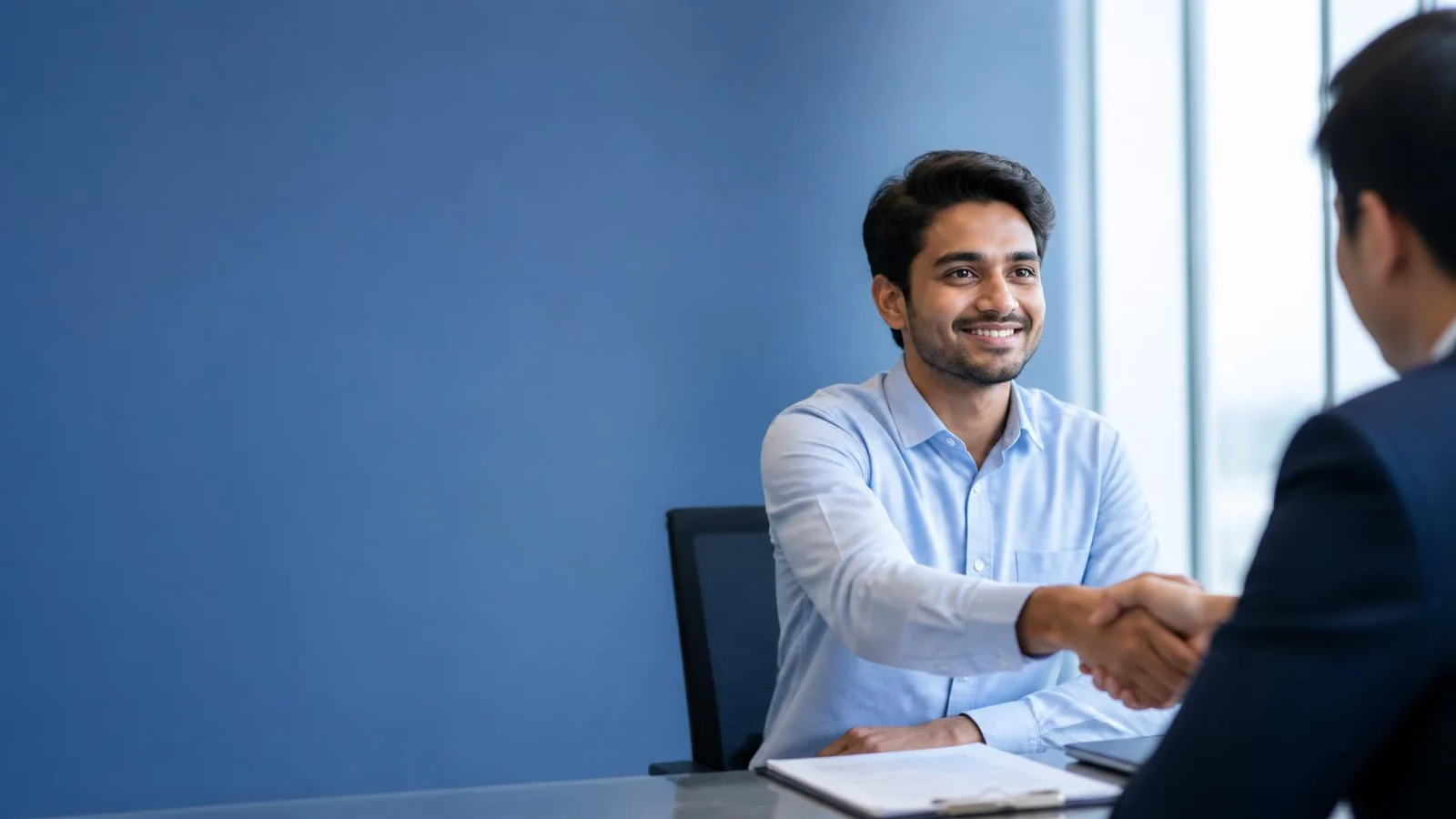 A job candidate shaking hands with an interviewer across a desk