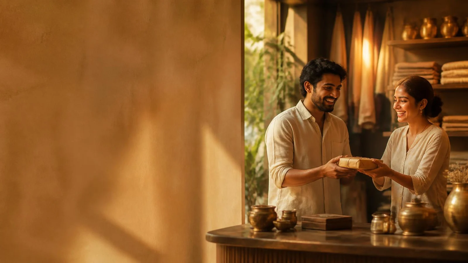 A shopkeeper handing a wrapped package to a customer across a counter