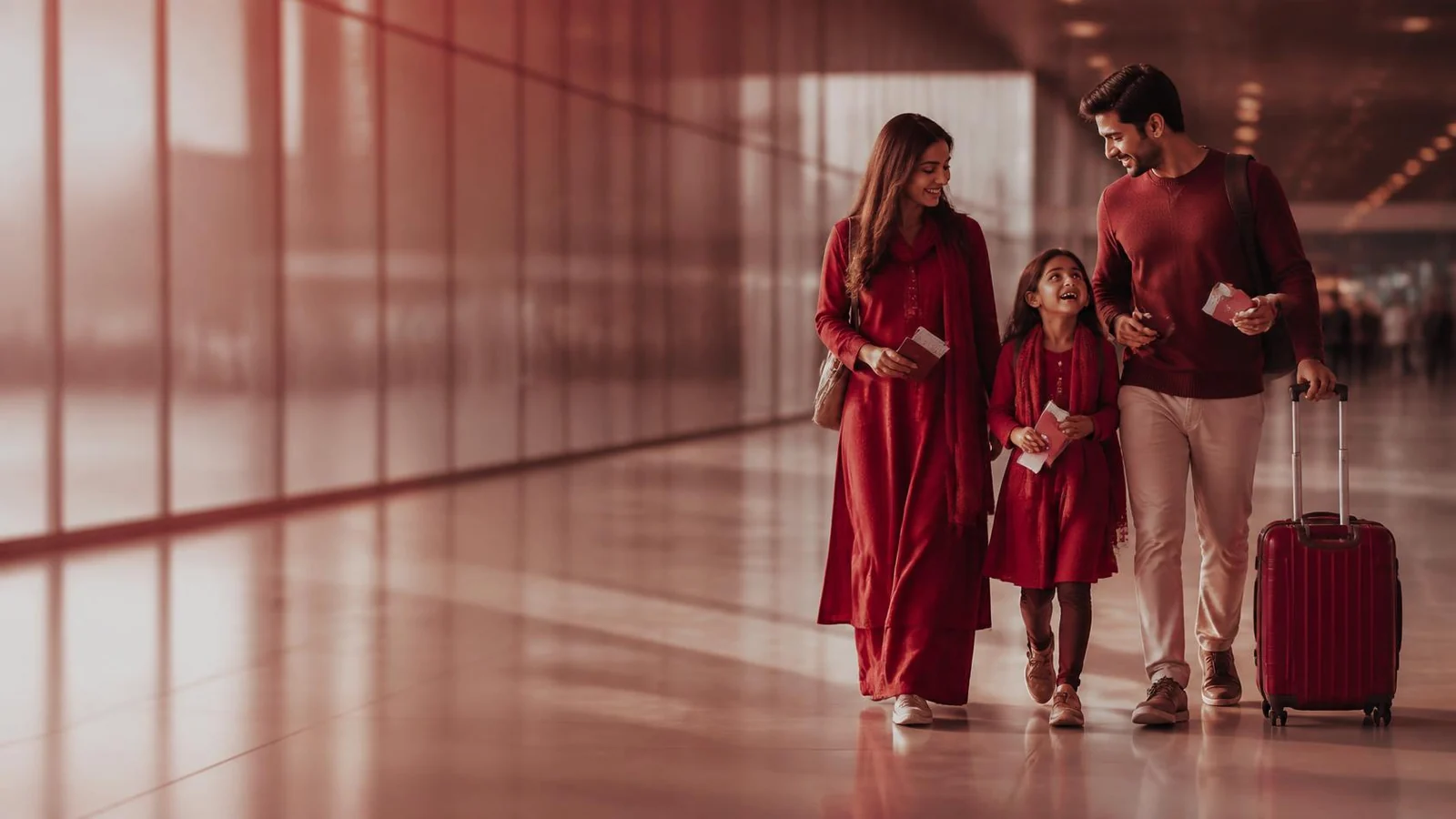 A family walking through an airport departure hall with luggage