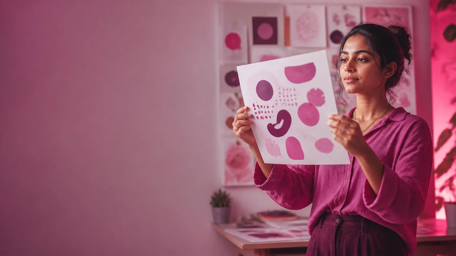 A designer holding up a printed sheet of logo artwork in a studio
